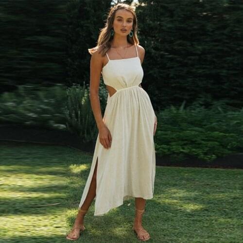 Ardm Fashion Spaghetti Strap Hollow Out Woman Dress Backless Lace Up Vintage Mid Dress Elegant Hight Waist Female Party Dress