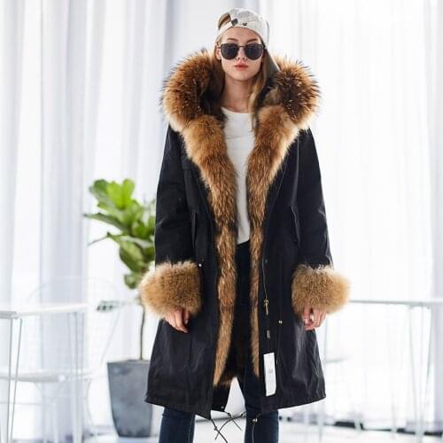 Mao Mao Kong Winter Woman Natural Fur Overcoat Plus Size Women Parkas Black Raccoon Fur Lining X Long Warm Jacket Coats