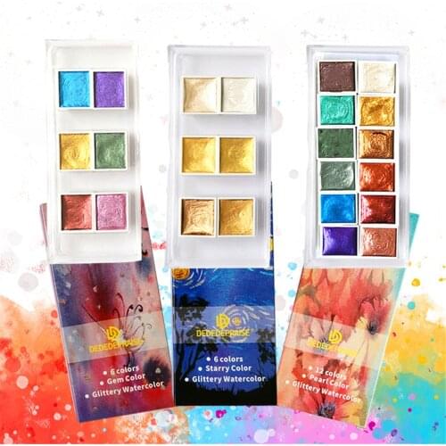 12 Colors Pearlescent Solid Watercolor Paint Set Glitter Paint with Paintbrush Bright Color Sketch Color Art Tools Art Supplies