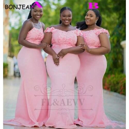 2021 Pink V Neck Bridesmaid Dresses Lace Applique Elastic Satin African Bridesmaid Dress Black Girls Wedding Party Gowns