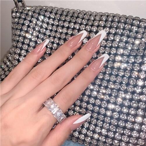 24pcs/set Nude French Fake Nails European Coffin Shaped False Nails with Glue Fingernails Decal Artificial Full Nail Art Tips