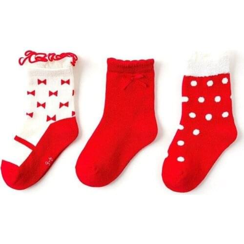 3Pairs/lot Christmas Baby Red Cotton Socks New Year Kids Socks Ruffle Toddler Sock Bow Infant Girl Boy Socks Cute Children Gift
