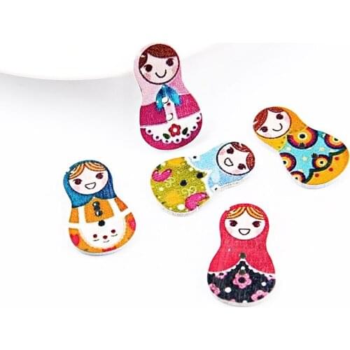 50PCs Wholesale Natural Wooden Buttons Colorful Beautiful Women With Scarf Scrapbook Sewing Accessories DIY Craft 2 Holes