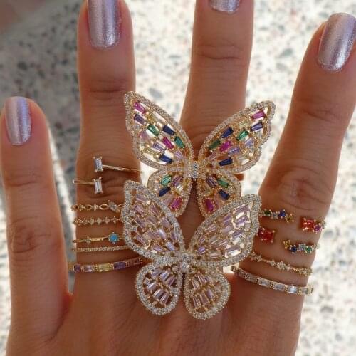 Big butterfly finger rings rainbow colorful cz paved pastel color Open adjustable women Knuckle midi resizable jewelry