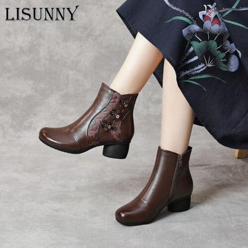LISUNNY Winter Genuine Leather High Heels Ankle Boots For Women Warm Boots Side Zipper Soft Comfortable Cow Leather Botas