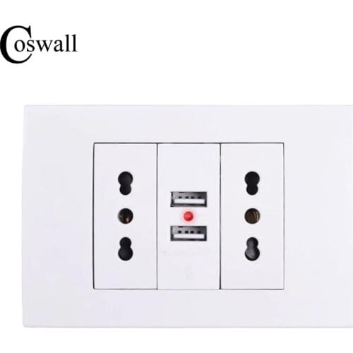 Coswall Wall Power Socket Double Universal EU / Italian / Chile Outlet With 1000mA Dual USB Charger Port for Mobile 118mm*80mm