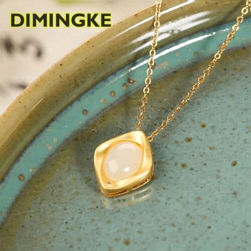 DIMINGKE Vintage 8*10 Natural White Hetian Jade Pendant Necklace 100%-S925 Sterling Silver Anniversary Mothers Gift