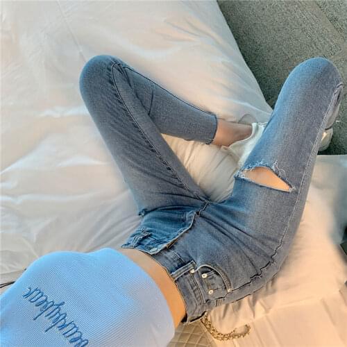Jeans With Holes In The Summer Of 2021, Womens Red High Waist Elastic Tight Korean Light Blue Nine Point Leggings