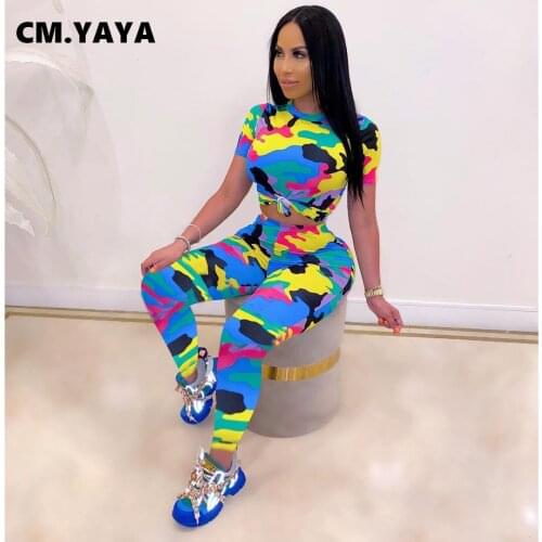 CM.YAYA Activewear Camouflage Sweatsuit Womens Set T-shirt and Legging Pants Suit Sport Tracksuit Two Piece Set Fitness Outfit