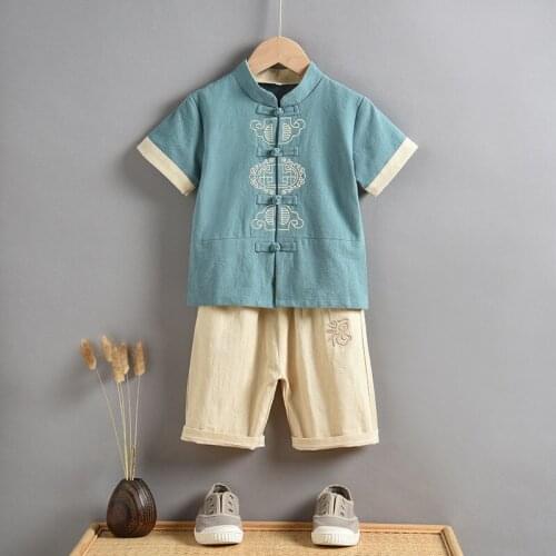 Chinese Tang Suits for Boys Chinese Style Costumes Hanfu Costumes Pants Kung Fu Boys Vestido New 2021 Children Short Sleeve Top
