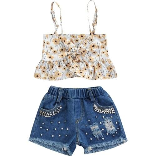 Two Piece Baby Girls Outfits Floral Print Sleeveless Ruffle Sling Tops Ripped Short Jeans Faux Pearls Toddler Children Set 2-7T