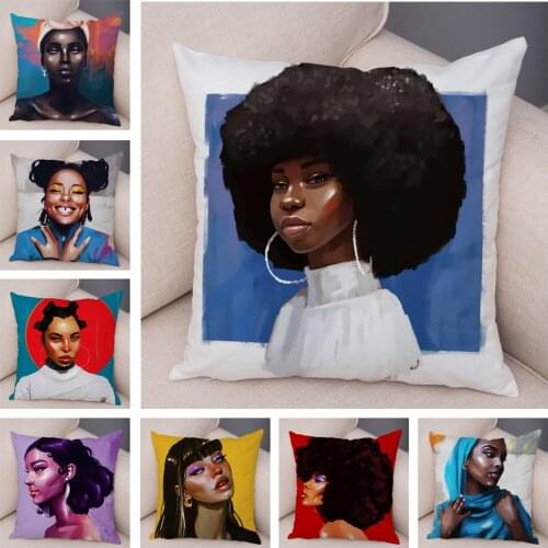 Beautiful Black Women Pillow Case Decor Cartoon Africa Girl Lady Cushion Cover for Sofa Car Home 45x45cm Soft Plush Pillowcase