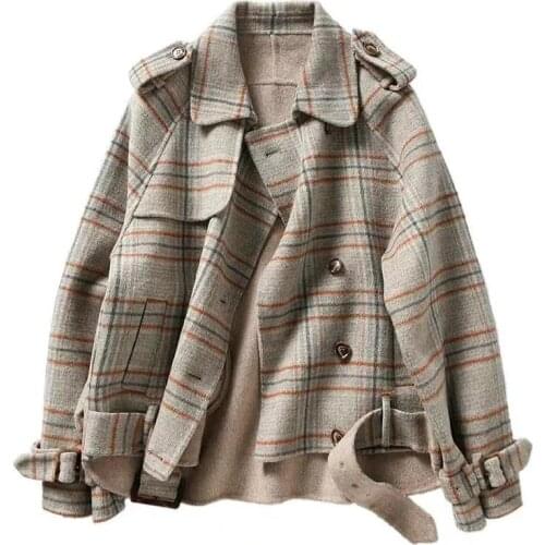 Imitation Cashmere Jacket 2021 Spring Autumn Loose Double-Breasted Plaid Woolen Coat Winter Wool Coats Female Fashion Outwear