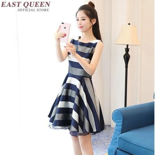 Cute Summer Dress Striped Sleeveless High Waist Appliques Women Vestidos Knee-Length Deep blue White Female Dress NN0332 HE