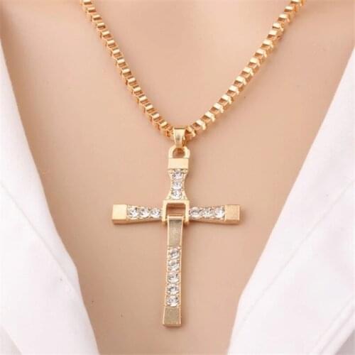 Fashion Fast And Furious Cross Necklace Dominic Toretto Cross Rhinestone Pendant Necklace Stainless Steel Necklace For Men Gift