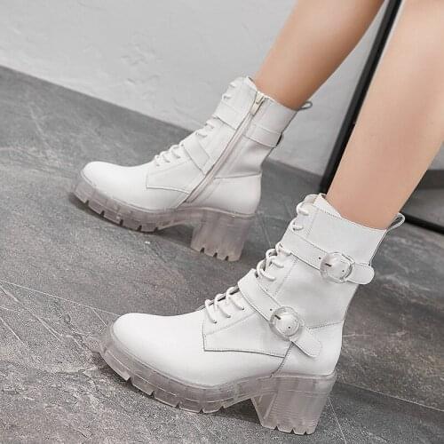Fashionable Black Leather Womens Boots Round Head Thick Heels Transparent Bottom Short Boots New High-top Lace-up Womens Shoes