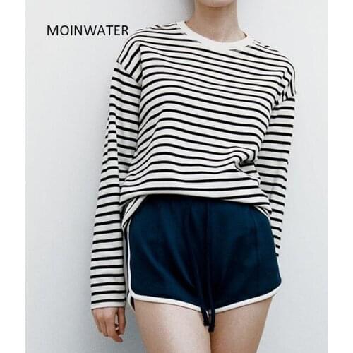 MOINWATER 2021 New Women Classic Striped Tees Tops for Spring Autumn Lady Cotton Long Sleeve Causal T-shirts MLT2112