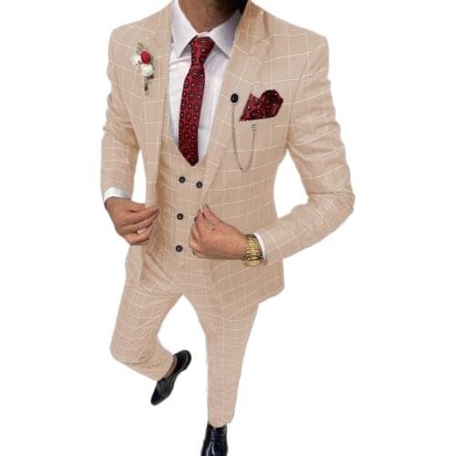 Mens Fashion 3 Pieces Mens Suit Plaid Breathable Prom Tuxedos for Wedding Grooms (Blazer+Vest+Pants)