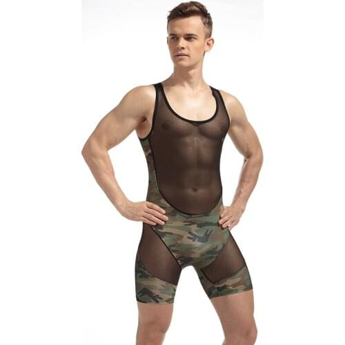 2017 Sexy Man Jumpsuit Wresting Undershirts Shapper Camouflage Nylon Ultra Thin Tight Splicing Body Mens Sexy Bodysuit Fashion