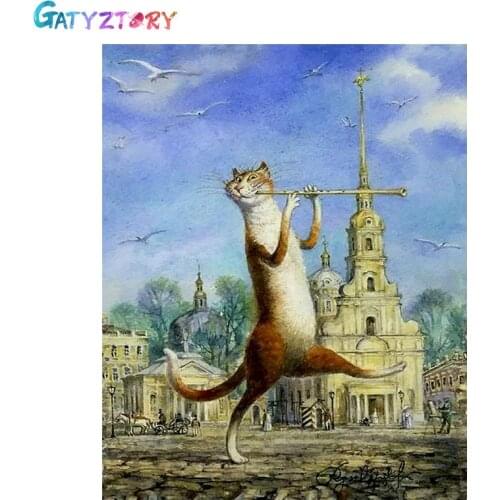 GATYZTORY Zero Basis DIY Painting By Numbers HandPainted Oil Painting Cartoon Cat Picture Colouring Home Decor Handmade Gift