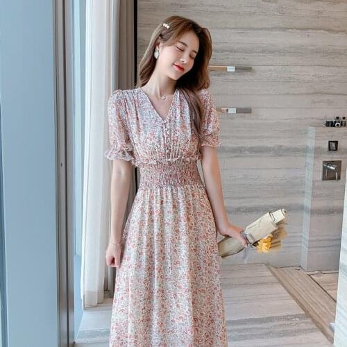 COIGARSAM Floral Print Women Long dress New Summer Chiffon Elastic High Waist Dresses Pink Flowers Powder Apricot 06917