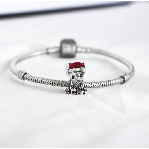 Authentic S925 Silver Enamel Stitch Christmas With Crystal Bead Charm fit Lady Bracelet Bangle DIY Jewelry