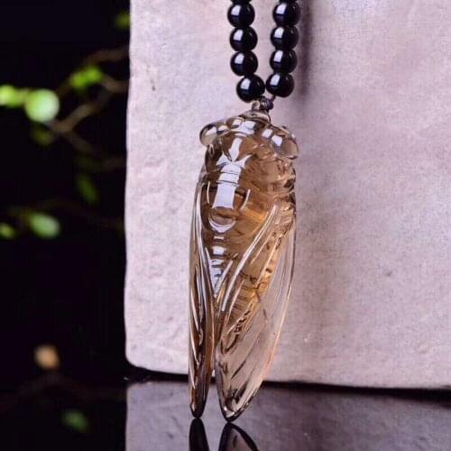 JoursNeige Tea Natural Crystal Carved Cicada Pendant Crystal Beads Necklace Lucky for Women Men Friend Insect Fashion Jewelry