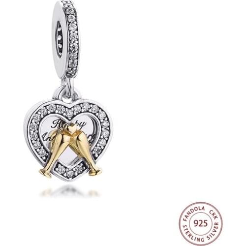 Fits Pandora Bracelet Charms 925 Sterling Silver Two-tone Happy Anniversary Dangle Beads Women DIY Jewelry Making Bijoux Femme