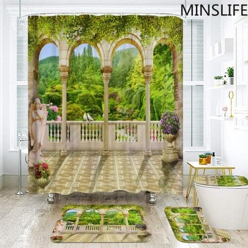 Nature European Landscape Printed Waterproof Fabric Shower Curtain with 12pcs Hooks Bath Curtains & Mat rugs Set Bathroom Decor