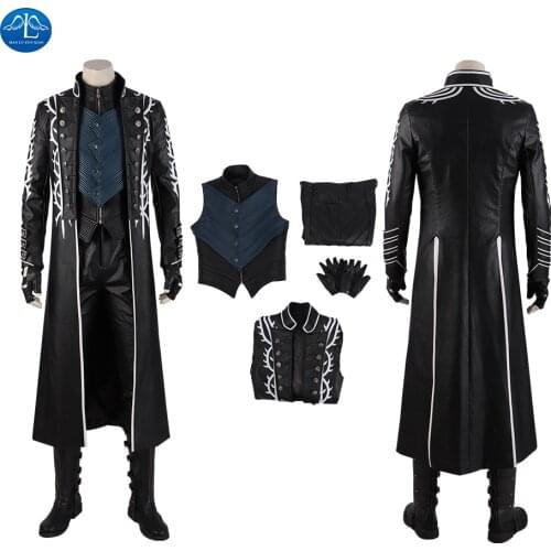 In Stock DMC 5 Vergil Aged Cosplay Costume Leather Jacket Adult Men Halloween Carnival Long Coat Pants Prop Outfit Custom Made