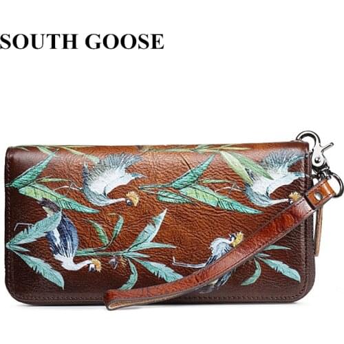 SOUTH GOOSE Genuine Leather Women Wallet Female Vintage Long Clutch Bag Birds Embossing Purse High Quality Card Holder Phone Bag