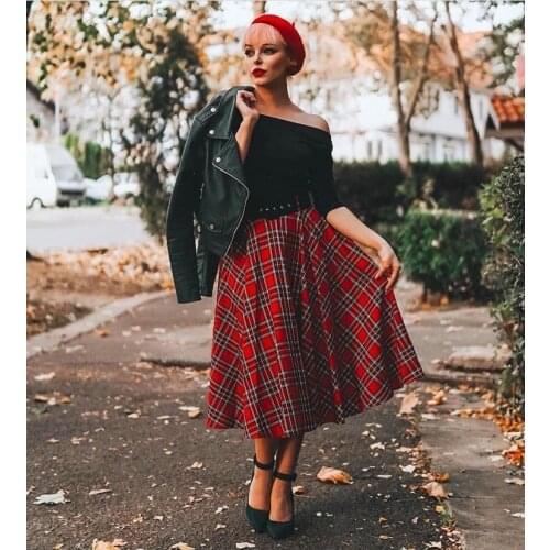 30- women vintage 50s rockabilly pinup midi swing skirt in red tartan plus size skirts faldas jupe pinup rockabilly skirts