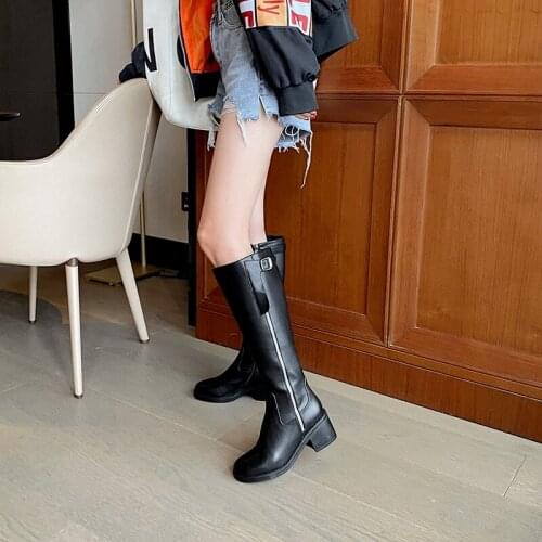 QZYERAI Women Knee-high Boots Natural Leather Shoes 6.5cm Heel Spring Autumn Cow Leather Zipper Chunky Heel Buckle