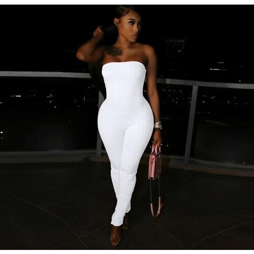 Off The Shoulder Bodycon Stacked Jumpsuits for Women Strapless Open Back Pleated Overalls Streetwear Solid Party Club Catsuits