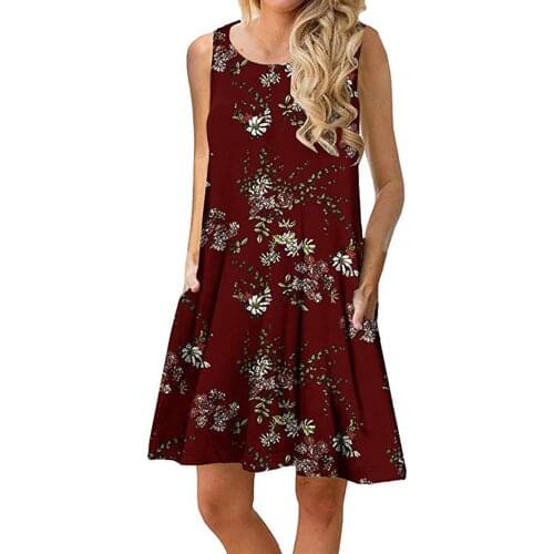 Women Summer Loose Dress, Adults Sleeveless Printed Round Neck Ladies Dresses with Side Pockets