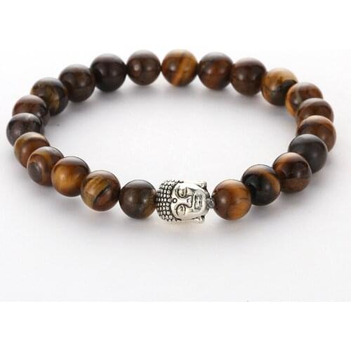2019 Natural Brown Tiger Eye Stone Circle Bead Bracelet Bangle Alloy Accessories Animal Head Jewelry for Men Trendy Gift