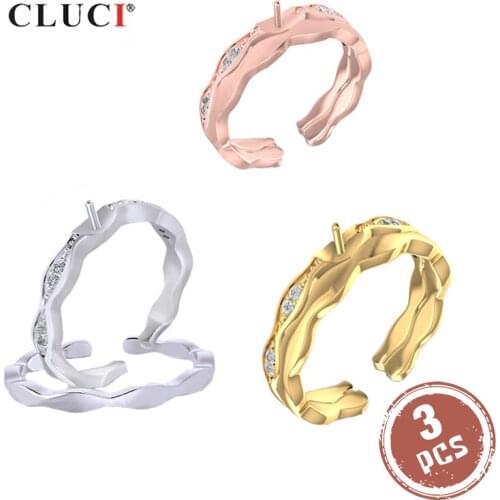 CLUCI 3pcs 925 Sterling Silver Double Rings Set Women Adjustable Pearl Ring Mounting Silver 925 Open Rings Jewelry SR2220SB