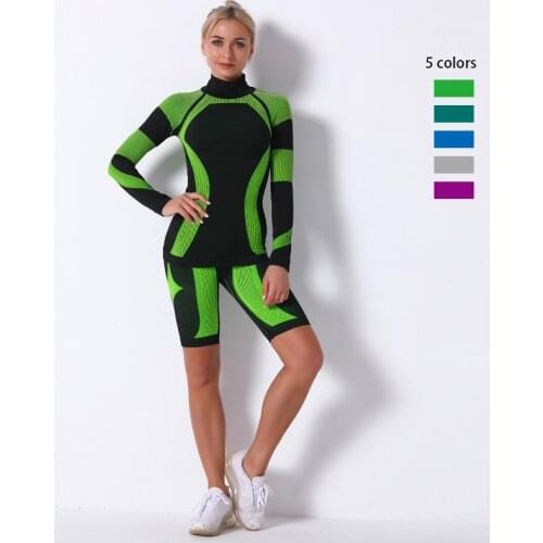 Seamless Striped Yoga Set Workout Clothes Athletic Wear Long Sleeve Crop Top Fitness Shorts Sport Sets Gym Clothing For Women