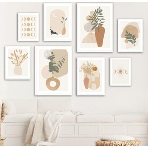 Boho Vase Cat Reed Leaf Abstract Sun Moon Wall Art Canvas Painting Nordic Posters And Prints Wall Pictures For Living Room Decor