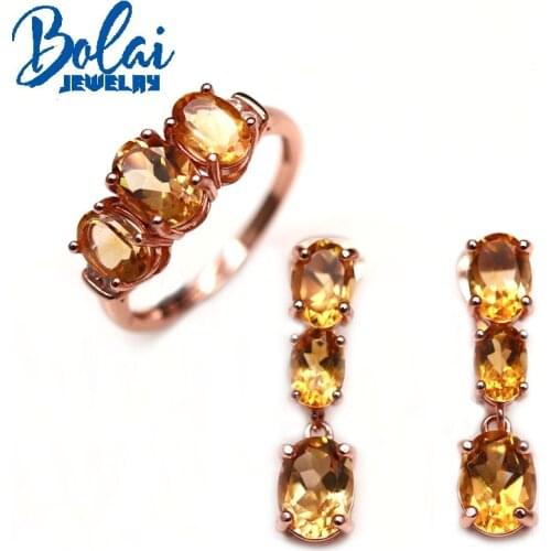 Bolaijewelry Rose gold 925 sterling silver natural citrine ring earrings jewelry set simple fashion womens boutique jewelry