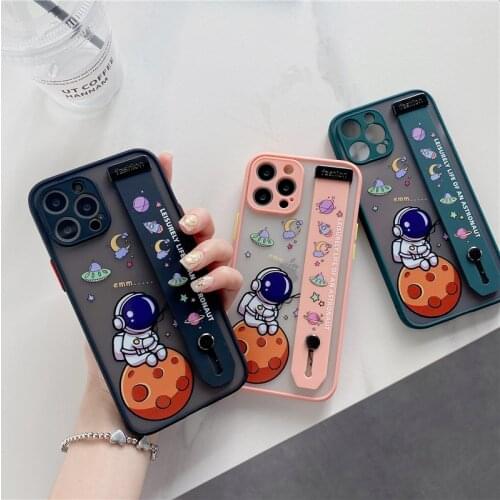 Phone Holder Astronaut Spaceship Wrist Strap Case For iPhone 11 12 Pro Max X XS Max XR 6S 7 8 Plus SE 2020 Matte Hard Back Cover