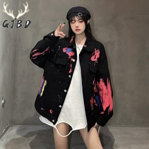 Jean Jacket for Women 2021 Spring Clothes Long Sleeve Cardigan Denim Jacket Harajuku Fashion Black Graffiti Baggy Coats Outwear