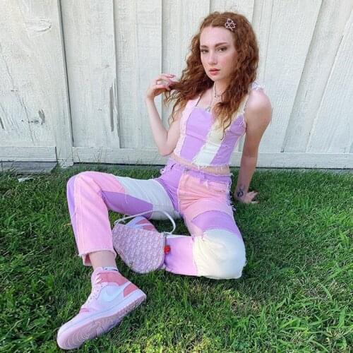 Jeans Women Jeans High Waisted Street Hipster Sexy High Waist Stitching Plaid Contrast Color Slim High Waist Jeans