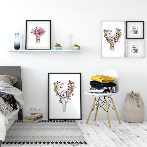 Elegant Poetry Modern Ancient animal Deer Head Skull Flowers Canvas Painting Art Print Poster Wall Paintings Bedroom Wall Decor