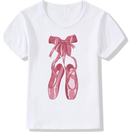 Kawaii Bowknot Ballet Shoe Print Girls T Shirt Harajuku Cotton T-shirt Kids Clothes Child Tops Short Sleeve for Girl 2-10 Years