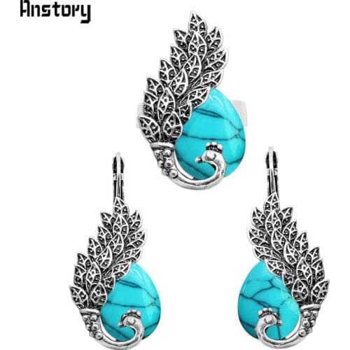 Drop Synthetic Turquoises Peacock Jewelry Sets Earrings Adjustable Rings For Women Antique Silver Plated Fashion Jewelry TS258