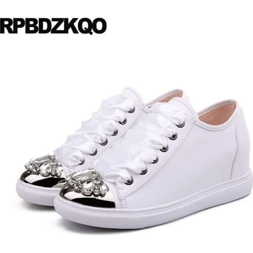 Crystal White Diamond Trainers Metal Elevator Fashion Women Creepers Platform Shoes Thick Sole Flats Sneakers Rhinestone Muffin