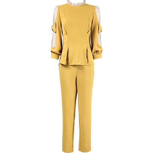 2021 High Street Fashion Clothes Suit Women Lotus Leaf Collar Polka Dot Mesh Stitching Top trousers Lady Summer Solid Color Set