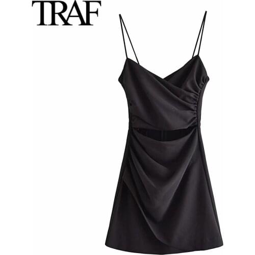 Traf Za Women Fashion Black Dress Sexy Hollow Out Vintage Pleated Mini Dress Summer Back Zipper Dress Vestidos Mujer
