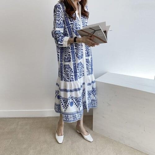 Dresses Chic Korean Vintage Blue V Neck Long Sleeve Print Single-breasted Shirt Dress Women Long Fashion Clothing Vestido Korean